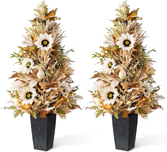 Glitzhome 2 PCS 36”H Fall Porch Tree, Harvest Artificial Porch Tree with Sunflower, Pinecone and Berry Porch & Black Planter, for Autumn Fall Harvest Thanksgiving Christmas Decoration
