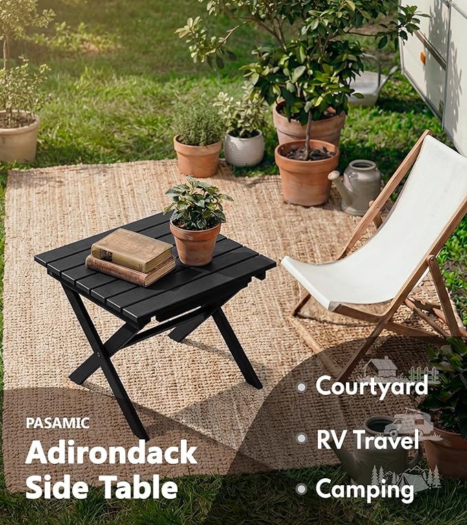 PASAMIC Folding Outdoor Side Table, HDPE Adirondack Patio End Table, Portable, No Assembly, Weather-Resistant for Camping, RV, Poolside, Garden, Indoor & Outdoor Use (Black)