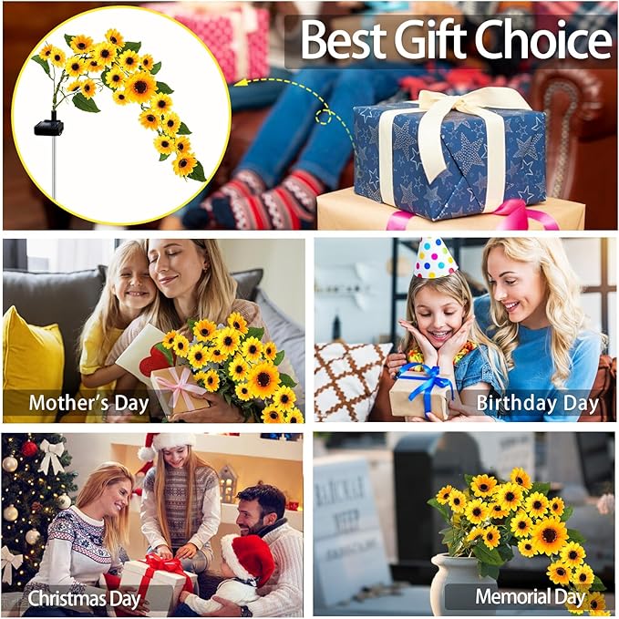 Solar Sunflower Lights Outdoor, 4 Pack with 92 Lifelike Petals, Waterproof 360 Bright LED Fall Decor for Garden, Patio, Flowerbed, Yard - Gift for Mom