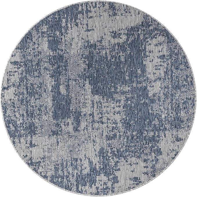 Keen Home Design Terrace Outdoor Area Rug - 63" Round Washable Indoor/Outdoor Rug for Patio, Kitchen, Balcony, Beach, Garden, Deck and Porch, Size: 5'3" Round, Abstract Navy
