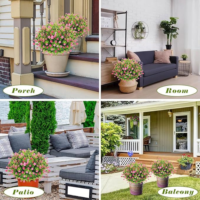 Yunlly 6 Pcs Outdoor Artificial Topiary Ball Trees 22" with Colorful Flowers, Boxwood Fake Bushes Shrubs with Spike, UV Resistant Evergreen Plants for Front Porch Garden Decor (Light Pink)