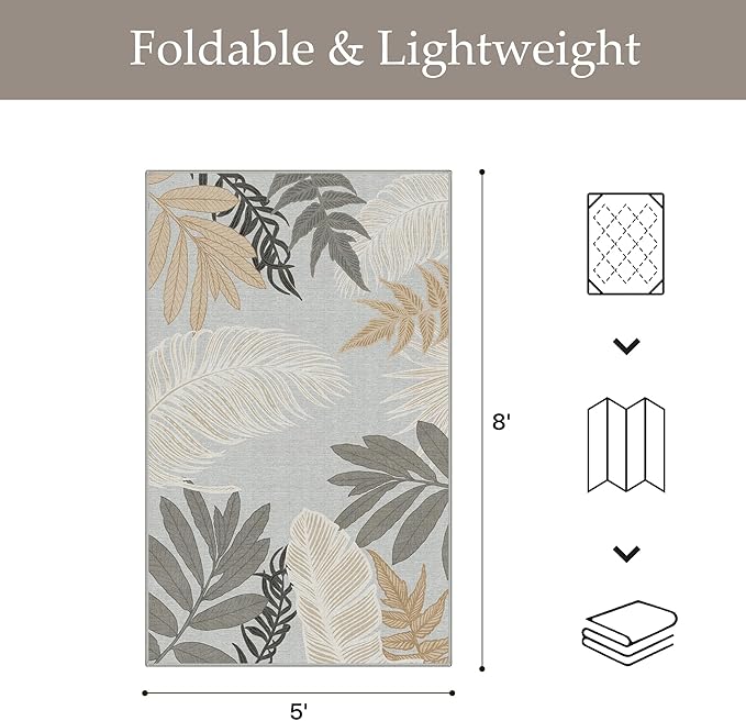 GENIMO Outdoor & Indoor Area Rug 5'x8', Waterproof, Non-Shedding, Easy Cleaning, Leaf Mat for Patio, Living Room, Balcony, Dining Room, RV, Deck, Bedroom, Camping, Outside Carpet, Sand Grey