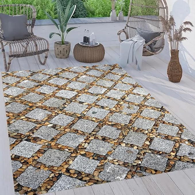Natural Grey Brown Pebbles and Rocks Rustic Farmhouse Waterproof Outdoor Rugs for Patios Deck Porch Balcony Garden Camping Backyard Low Pile Mat Thin Quick Dry Durable Art Deco Floor Carpet 10x14