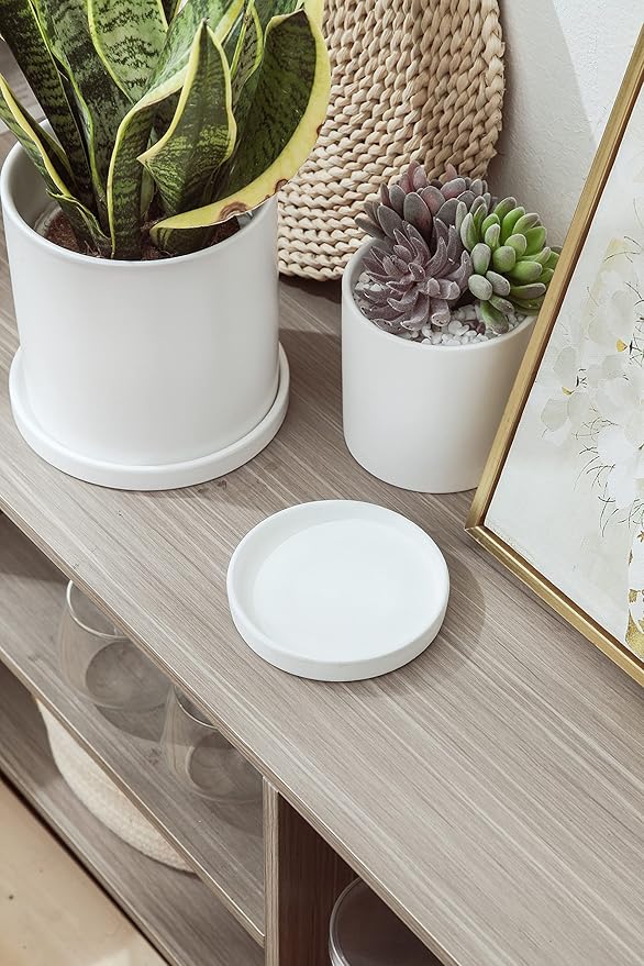 6 inch Matte Wihte Ceramic Plant Saucer (2 Pack)-Ceramic Drainage Tray for Plant Pot
