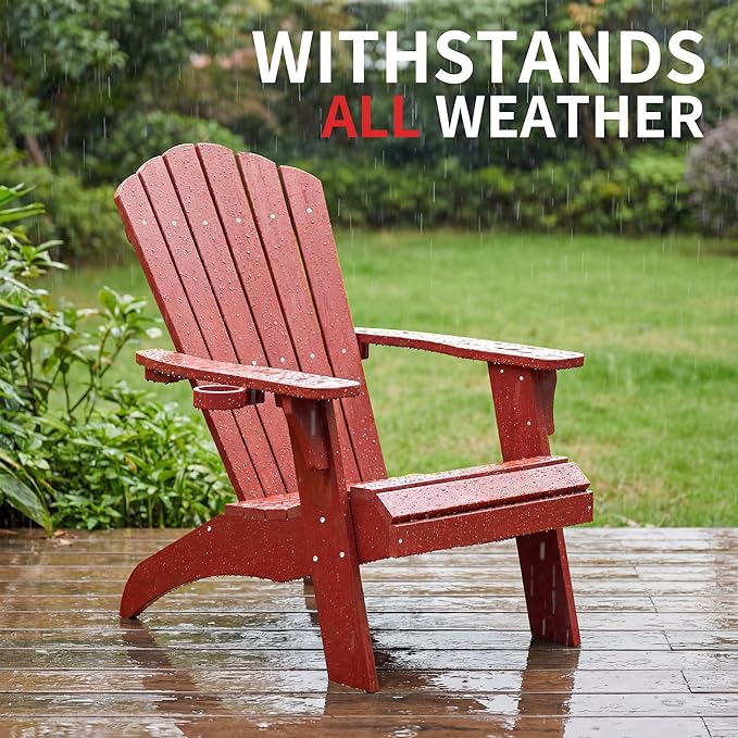 Psilvam Adirondack Chair, Oversized Poly Lumber Fire Pit Chair with Cup Holder, 350Lbs Support Patio Chairs for Garden, Weather Resistant Outdoors Seating, Relaxing Gift for Father & Mother (Red)