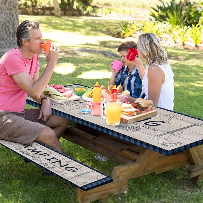Picnic Table Cover with Bench Covers Elastic Edges, Beige Camper Fitted Table Cover, Outdoor Patio Camping Essentials 72 Inch 3PCS, Waterproof Camping Fitted Tablecloth with Drawstring Bag