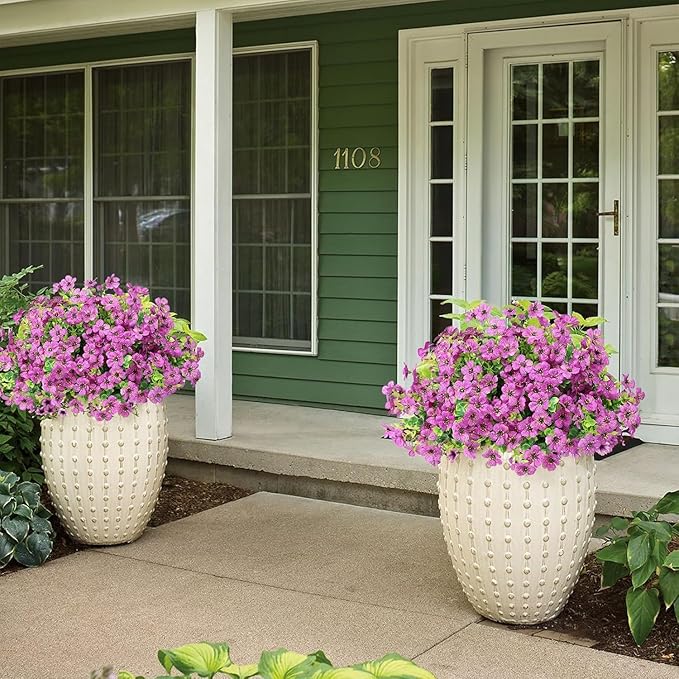 Artificial Flowers Outdoor Faux Plants UV Resistant Fake Patio Flowers Plastic Greenery Plnats Outside Bulk for Spring Garden Hanging Planter Home Vase Decor, 24 Bundles (Purple)