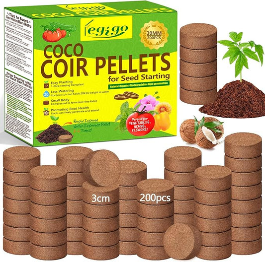 Legigo 200 Pcs 30mm Coco Coir Pellets Seed Starter Soil Mix- Organic Coconut Coir Potting Soil Pods for Seedling, Coco Peat Soil Discs for Indoor & Outdoor Plants Bonsai Herbs Vegetables and Flowers
