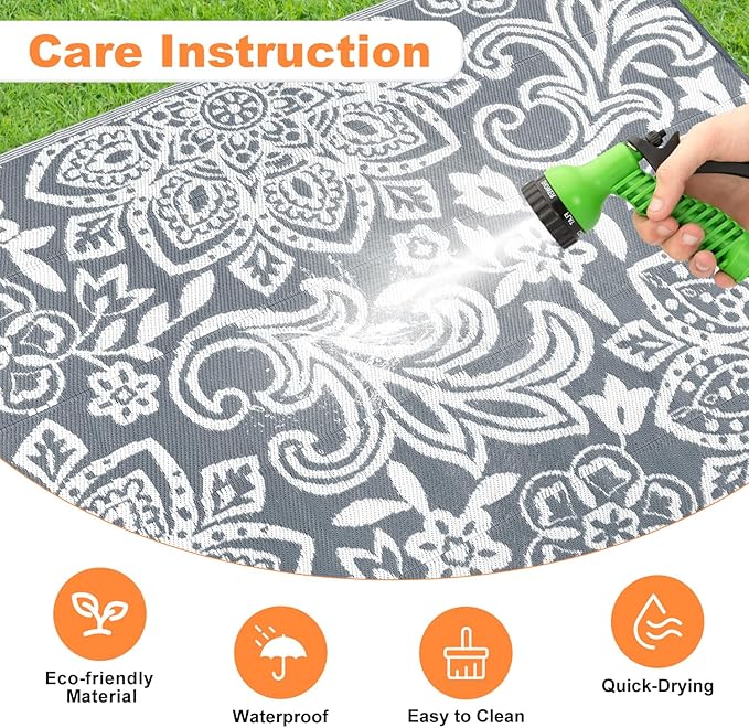 Findosom Waterproof Outdoor Rug 6' x 9' - Reversible Mandala Outdoor Plastic Straw Rug, Durable Foldable Patio Rug for RV, Deck, Balcony, Backyard, Picnic, Porch, Camping, Beach, Gray