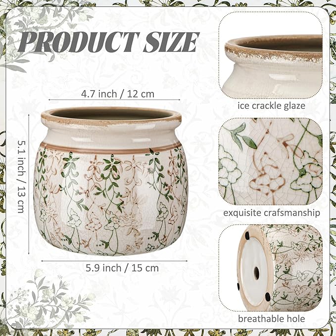 Vintage Planter Large Ceramic Plants Pot Beige Green Vining Lvy Ice Crack Cottage Scroll Vase Flower Vase Pot Indoor Plants Home Kitchen Decor Farmhouse Antique Decorative Gifts