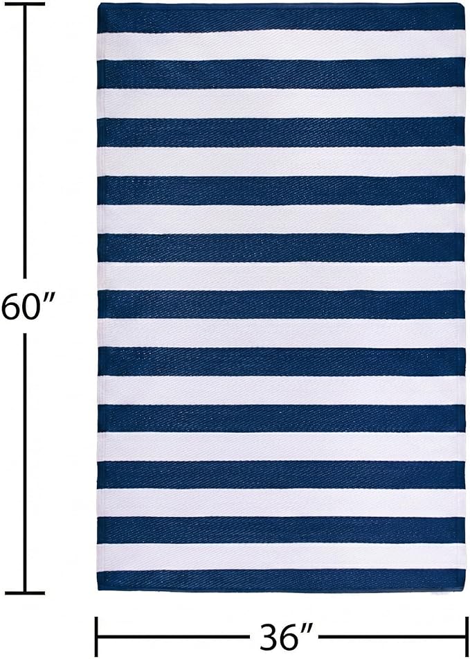 FH Home Outdoor Rug - Waterproof, Fade Resistant, Reversible - Premium Recycled Plastic - Striped - Porch, Deck, Balcony, Mudroom, Laundry Room, Patio - Brittany - Blue & White Crease Free - 3 x 5 ft