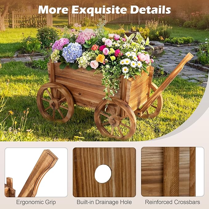 Giantex Wood Wagon Planter Set of 2, Rustic Rolling Flower Pot Stand with Wheels, Handle & Drainage Hole for Growing Vegetables Herbs, Indoor Outdoor Decorative Cart for Patio Balcony Garden