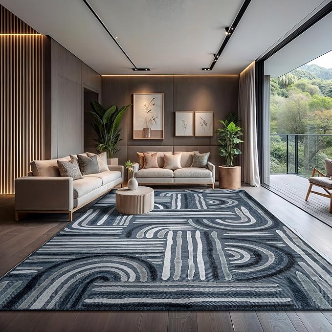 CAMILSON Indoor Outdoor Rug, Navy Blue 8x10 Geometric Arch Striped Area Rugs for Patio and Home Areas, Easy-Cleaning Non-Shedding Living Room, Garden and Deck Washable Outside Carpet (8 x 10)