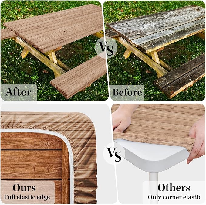 Picnic Table Cover with Bench Covers Elastic Edges, Brown Wooden Fitted Table Cover, Outdoor Patio Camping Essentials 72 Inch 3PCS, Waterproof Camping Fitted Tablecloth with Drawstring Bag