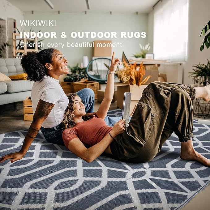 wikiwiki 9x12ft Outdoor Rug, Reversible Plastic Patio Rug Waterproof, Indoor Outdoor Carpet Clearance, Large Area Carpet for Patio Deck Balcony Pool RV Camping Beach Picnic, Grey