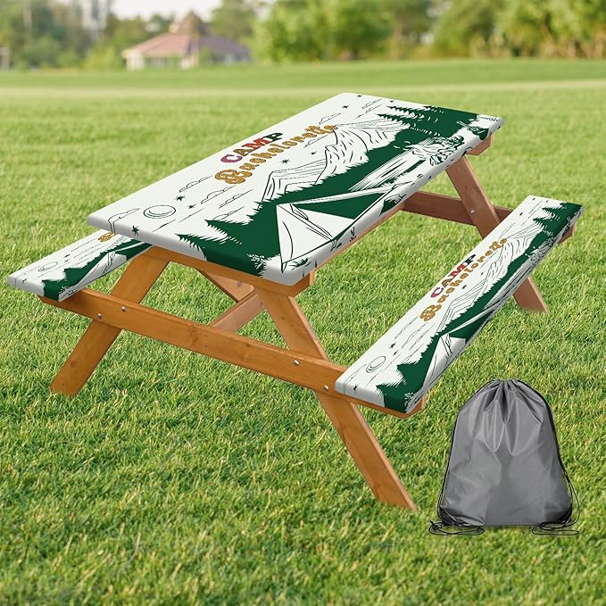 3PCS Picnic Table Cover with Bench Cover Green Forest Tent Torch Pattern Camping Tablecloth Fitted Picnic Table Cover with Elastic Windproof Waterproof, Outdoor & Garden Camping Accessories 60IN