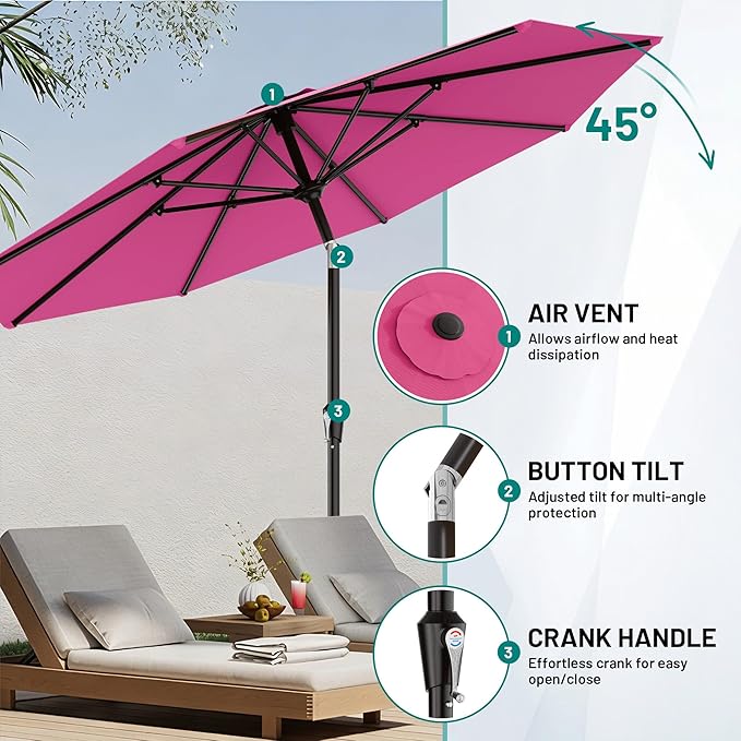 AreShark 9 FT Patio Umbrella for Outdoor, Outdoor Table Umbrella with Push Button Tilt and Crank, Outdoor Patio Umbrellas with 8 Sturdy Ribs for Market, Garden, Pool (Rose Pink)