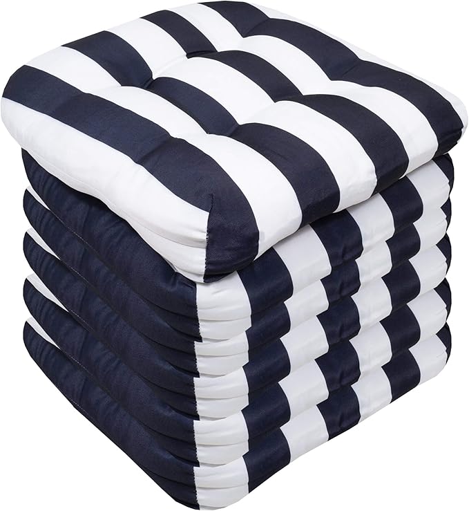 Sweet Home Collection Patio Cushions Outdoor Chair Pads Premium Comfortable Thick Fiber Fill Tufted 19" x 19" Seat Cover, 6 Pack, Havana Navy/White