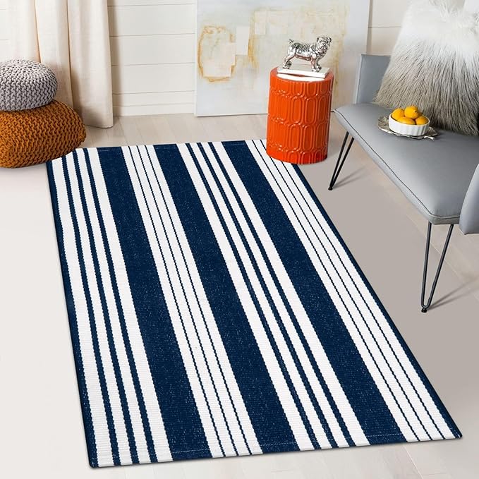 OJIA Blue and White Outdoor Rug 3'x5' Cotton Woven Striped Front Porch Rug Machine Washable Indoor Outdoor Rugs Farmhouse Entry Rug Layered Door Mat for Entryway/Kitchen/Front Door Entrance Decor