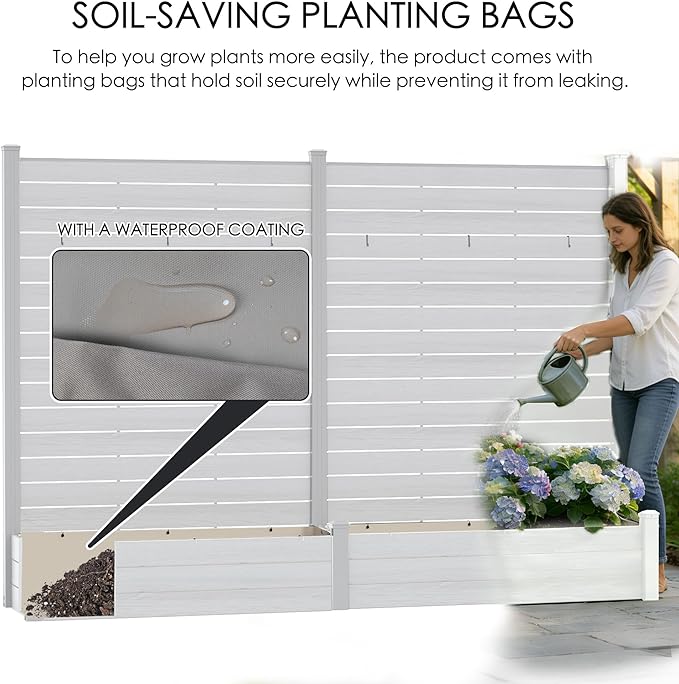Kozyard 2Pack Privacy Screen with Planter, 70" H x 51" W Outdoor Garden Screen, Waterproof Aluminum Frame with Thick Wood-Plastic Boards, Decorative Privacy Screen for Patio, Balcony & Backyard White