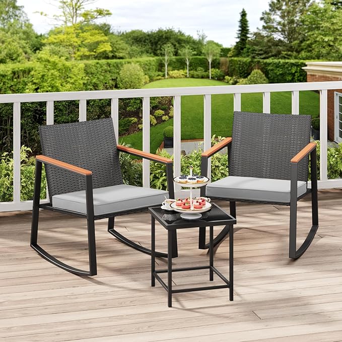 Bealife 3 Piece Patio Set with Cooling Wooden Armrests, Outdoor Rocking Chairs Set of 2 with Glass Table and Cushions, Wicker Patio Bistro Set for Garden, Yard, Balcony, Porch (Grey)