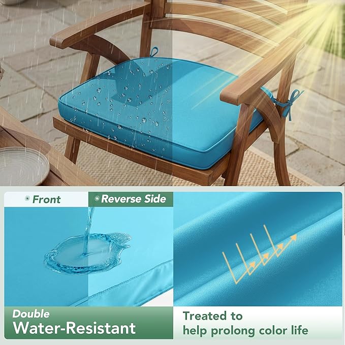 Outdoor Chair Cushions Set of 2: Waterproof & Fade Resistant Patio Furniture Cushions - 17 x 16 x 2 Inch Non Slip Round Corner Seat Cushion Pads with Removable Cover for Garden Yard Lawn, Teal