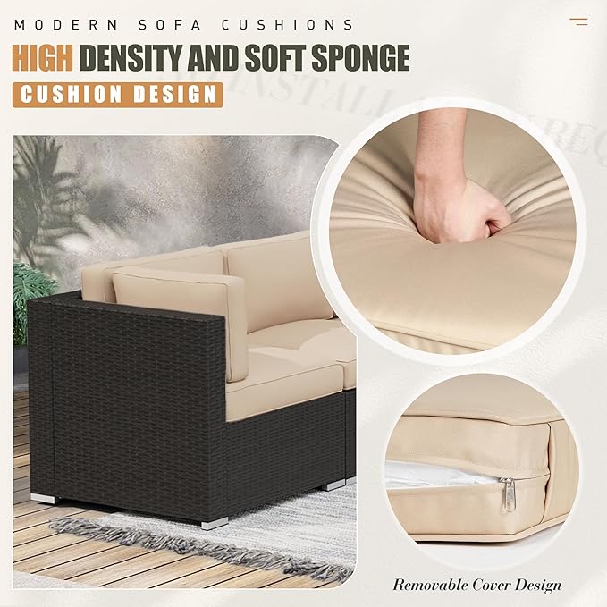Crownland 14 Piece Outdoor Furniture Replacement Cushions, Sofa Cushions for 6 Seat Rattan Wicker Sectional Patio Conversation Sets, Water-Resistant Cushion, Light Brown