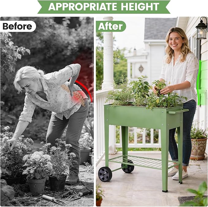 Tall Raised Garden Bed Outdoor with Wheels, Metal Elevated Raised Planter Box with Drainage Holes for Vegetables, Flower, Herbs(Green)