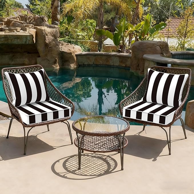 Outdoor Deep Seat Cushion Set, Water Repellent 22"x22" Patio Thick Cushions Replacement with Seat & Back Pillow for Patio Sofa, Wicker Chair, Couch - Cabana Black