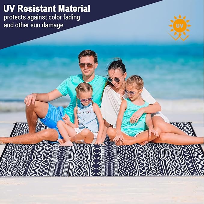 GarveeLife Outdoor Rug 8x10 Waterproof Plastic Straw Reversible Rug Modern Geometric Floor Mat for Outdoors, UV Resistant Foldable Portable Carpet for RV, Deck, Picnic, Dark Blue & White