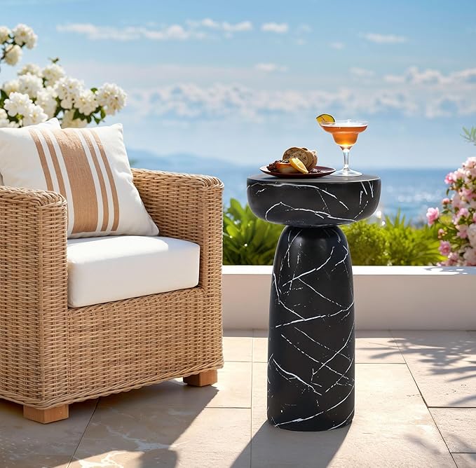 24" Large Side Table Outdoor, Modern Artistic Marble Pedestal End Table, Multi-Functional & Decorative Coffee Table, Accent Table for Garden Patio Porch Balcony or Living Room Decor
