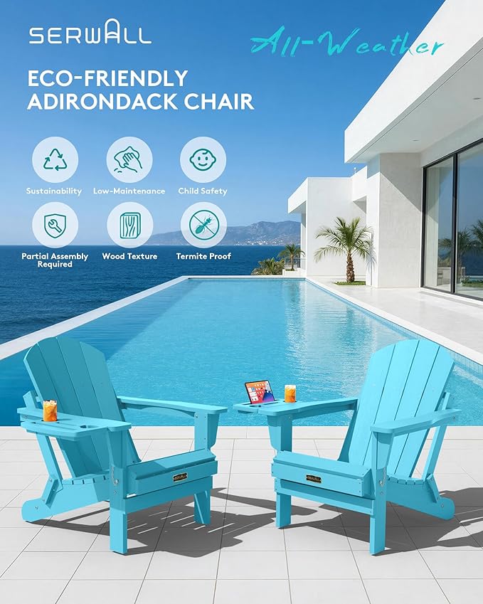 SERWALL Folding Adirondack Chair Set of 2 with 4 in 1 Cup Holder, HIPS Adirondack Chairs, Wood Texture, Weather Resistant Plastic Chairs for Patio Garden Outdoors Fire Pit Chairs - Coffee