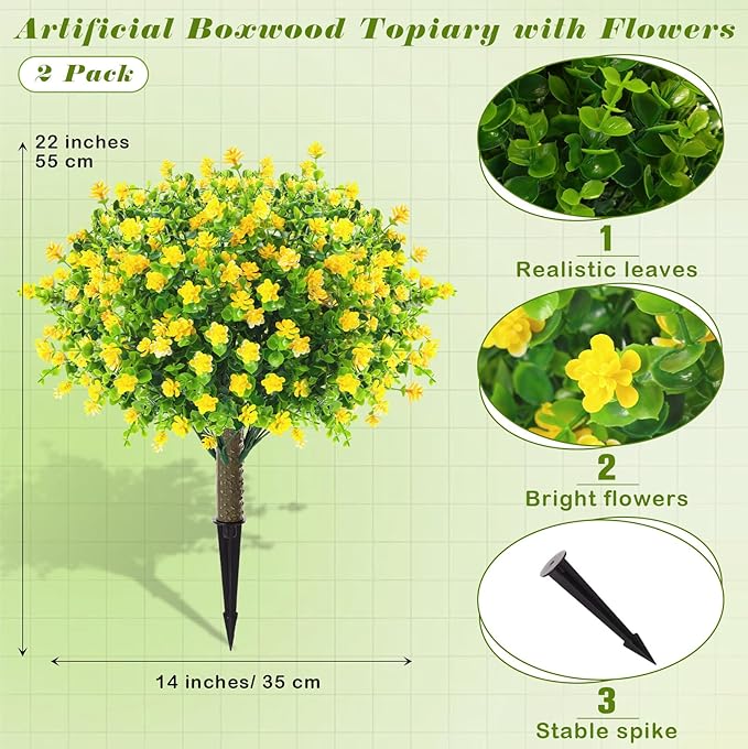 Yunlly 2 Pcs Outdoor Artificial Topiary Ball Trees 22" with Colorful Flowers, Boxwood Fake Bushes Shrubs with Spike, UV Resistant Evergreen Plants for Front Porch Garden Decor (Yellow)