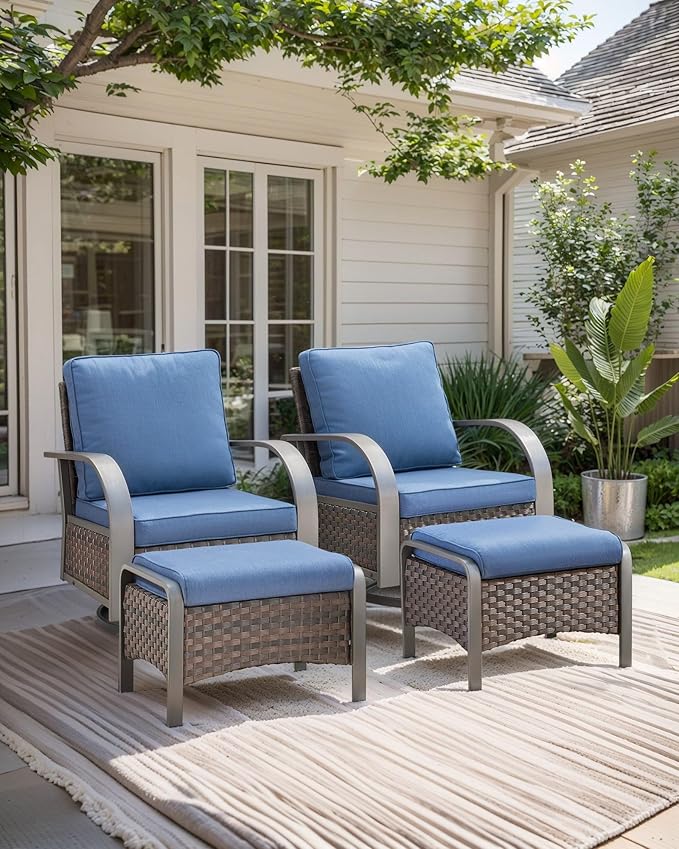 HUMMUH Swivel Rocker Outdoor Chair-High Back Patio Chairs with Ottoman Outdoor Conversation Furniture Sets for Deck Porch Garden Poolside Backyard-Brown/Blue