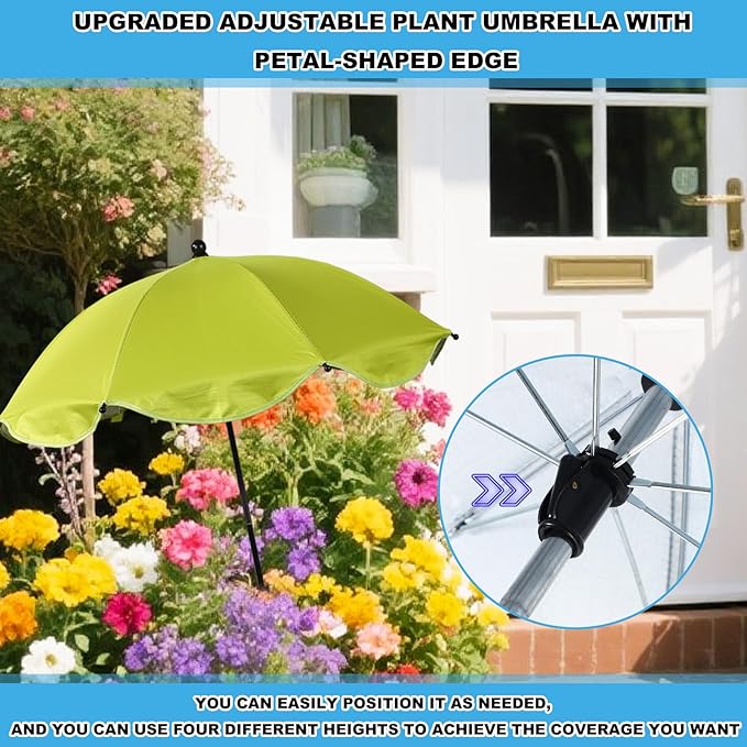Adjustable Plant Umbrella, Large Garden Parasol with Iron Poles & Iron H-Shaped Pile Garden Shade Umbrella Cover for Potted Outdoor Plants Flowers Vegetables (Green)