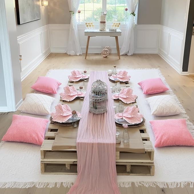 118 x 71" Extra Large Outdoor White Picnic Blankets with Pink Tulle Table Runner Cheesecloth Napkins Plush Throw Pillow Covers Oversize Beach Blanket Essentials for Wedding Picnic Camp(Stylish,14)