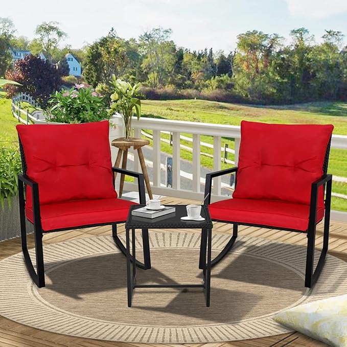 SUNCROWN 3 Piece Outdoor Rocking Bistro Set Black Wicker Furniture Porch Chairs Conversation Sets with Glass Coffee Table, Red