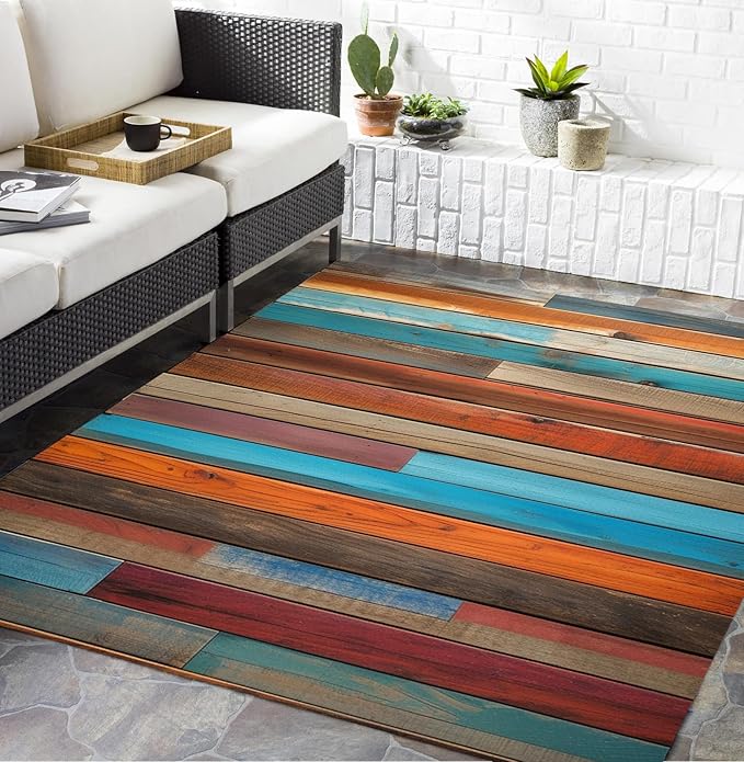 Vibrant Orange Blue Red Rustic Wood Grain Outdoor Rug 7x9 Waterproof Multicolor Wooden Board Print Farmhouse Area Rugs Non Skid Quick Dry Carpet for Patio Balcony Camping Porch Pool Deck Doormat