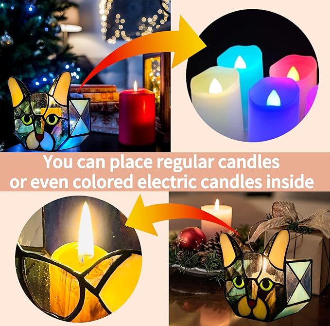 Stained Glass Cat Tea Light Candle Holder Glass,Pencil Holders for Desk,Funny Cactus Pot,Gift for Cat Lover