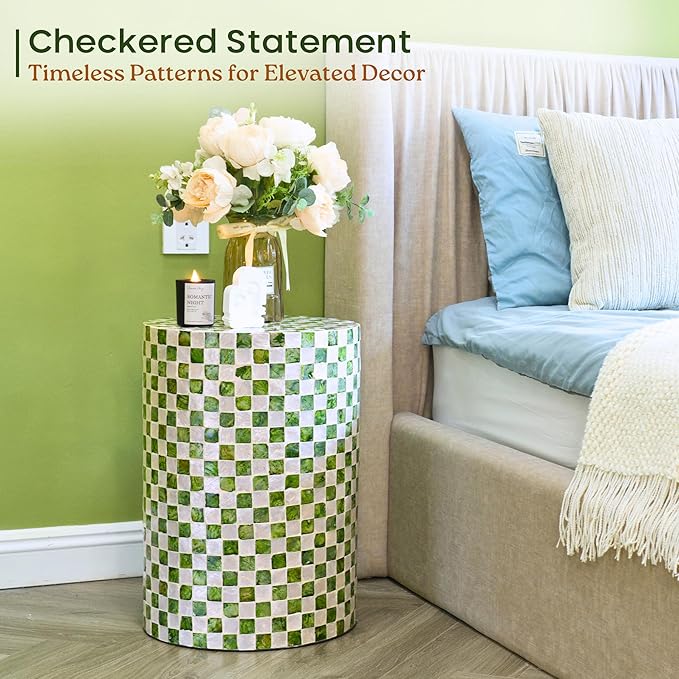 19.7” Checkered Capiz Shells Drum End Table, Decorative Cylinder Side Table & Garden Stool, Round Pedestal Accent Table for Living Room, Bedroom, Indoor & Outdoor (Pistachio Green)