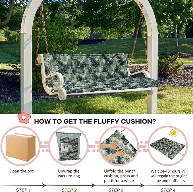 2-3 Seat Swing Replacement Cushion, Outdoor Bench Cushions with Backrest Thicken 4", Patio Furniture Garden Porch Loveseat Glider Pad Anti-Fading Waterproof (Palm Leaves, 40x55in)