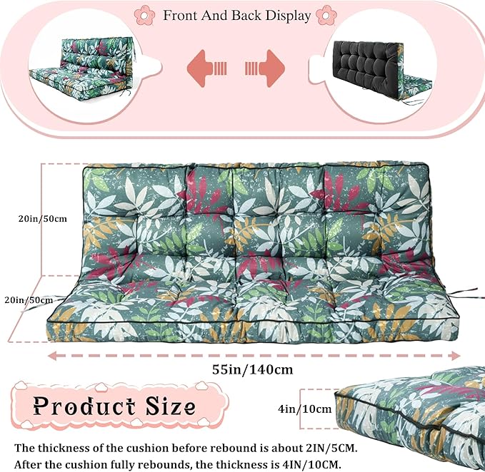 2-3 Seat Swing Replacement Cushion, Outdoor Bench Cushions with Backrest Thicken 4", Patio Furniture Garden Porch Loveseat Glider Pad Anti-Fading Waterproof (Green Flower, 40x55in)