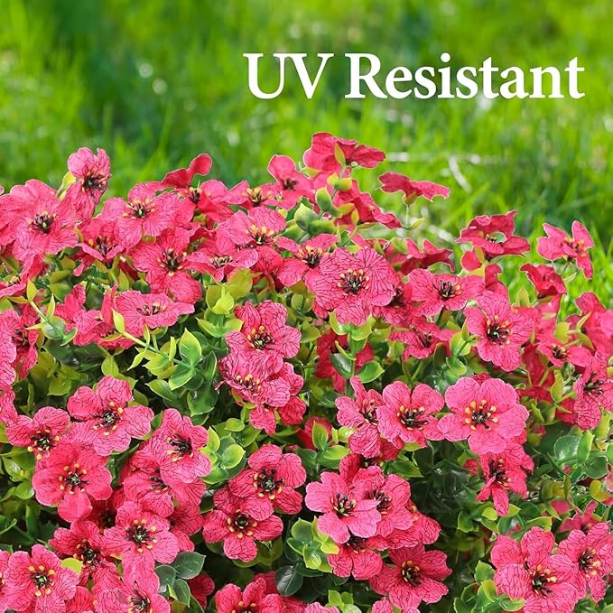 Artificial Flowers Outdoor Faux Plants UV Resistant Fake Patio Flowers Plastic Greenery Plnats Outside Bulk for Spring Garden Hanging Planter Home Vase Decor, 24 Bundles (Rose Red)