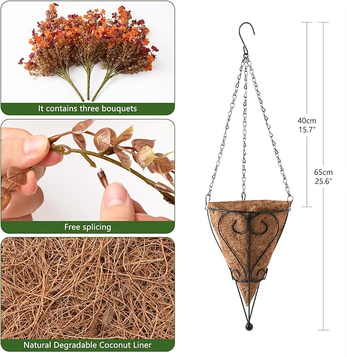 Fall Artificial Fake Mums Hanging Flowers Plants Basket for Outdoor Decoration,Faux Silk Daisy planters UV Resistant Look Real for Home Porch Patio Balcony Yard Autumn Decor (Orange Brown)