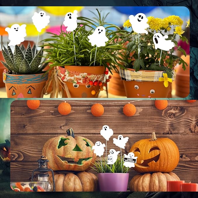 12 Pcs Halloween Ghost Garden Stakes Spooky Planter Stakes Double Sided Yard Signs Waterproof Cute Outdoor Decorations for Home Potted Planter Lawn Garden Yard Party Favor(Halloween Ghost)