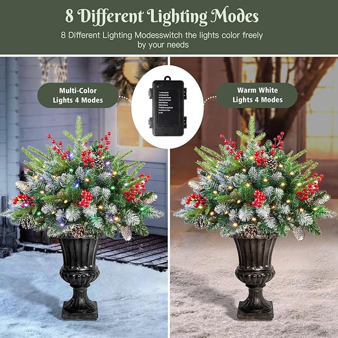 Set of 2 18 Inch Lighted Outdoor Christmas Tree with Remote, Timer, Multi-Color Lights, Battery Operated Pre-lit Frosted Pathway Artificial Urn Filler, Christmas Porch Decorations for Home Porch Yard