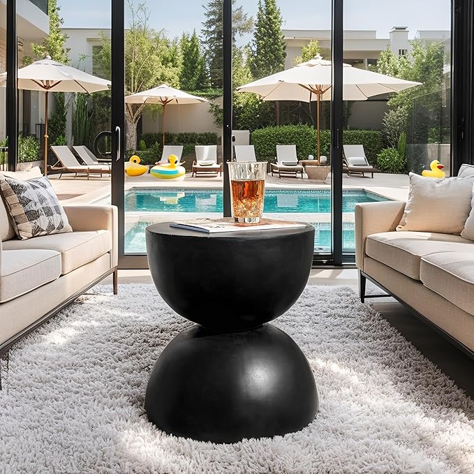 Glitzhome Outdoor Side Table, Round Accent End Table, Lightweight Hourglass Faux Terrazzo Decorative Garden Stool, 17.75" H Black Planter Stand for Patio Porch Balcony Living Room
