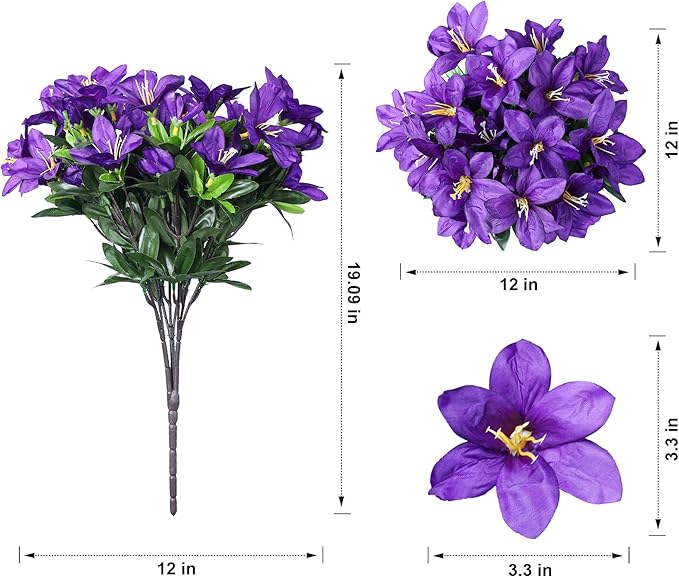 INSPRING Artificial Faux Plants Flowers for Outdoors Spring Decor,3 Bundles Realistic Outside Fake Silk Azalea UV Resistant Outdoor Artificial Flowers for Planter Porch Patio Garden Home, Dark Purple