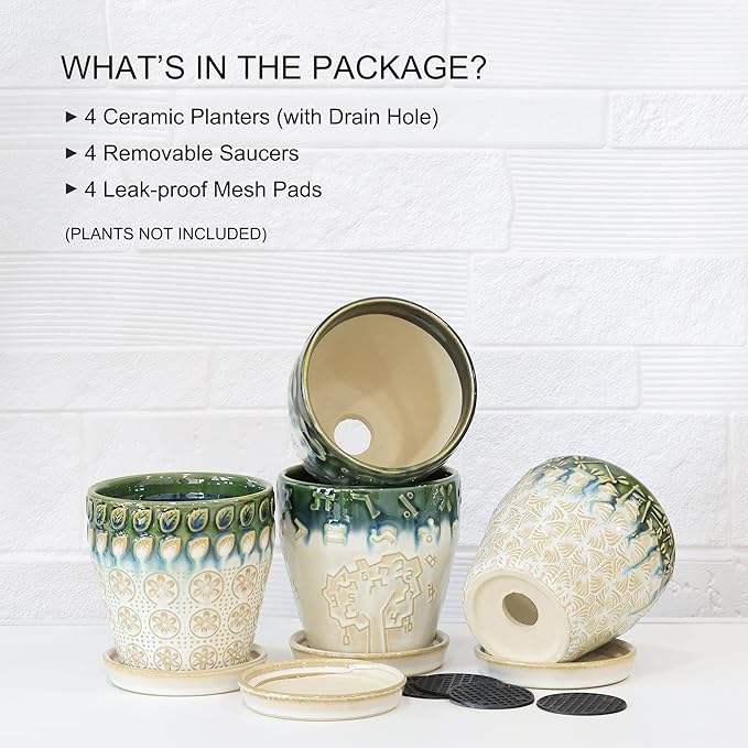 Succulent Planter 4 inch, Succulent Pot with Drainage Holes, Saucers and Mesh Pads for Indoor Plants, Ceramic Pot for Indoor Plants- Set of 4