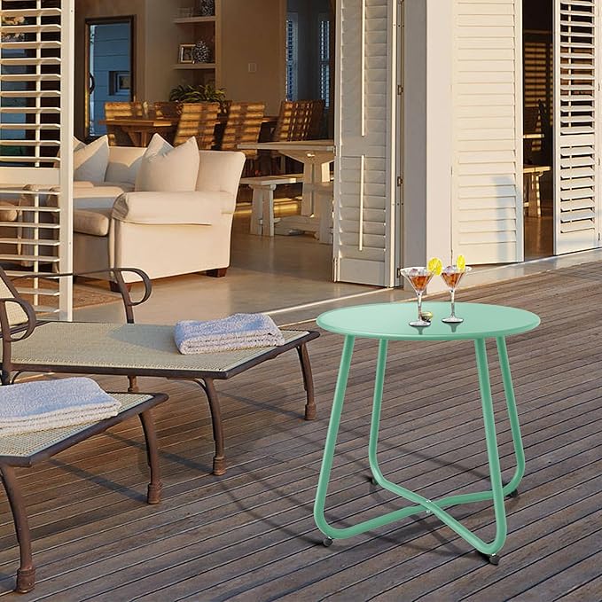 Patio Side Table Waterproof Round Metal Steel Weather Resistant Portable Outdoor and Indoor End Table for Garden Balcony Yard, Bean Green